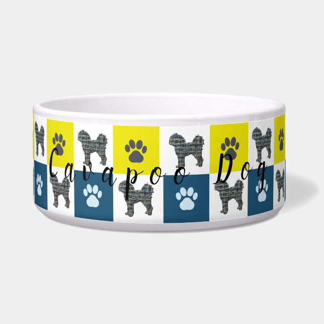 Cavapoo Dog & Paw Yellow & Blue Grid Dog Bowl (Front)