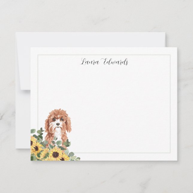 Cavapoo Dog Sunflower Eucalyptus Personalised Card (Front)