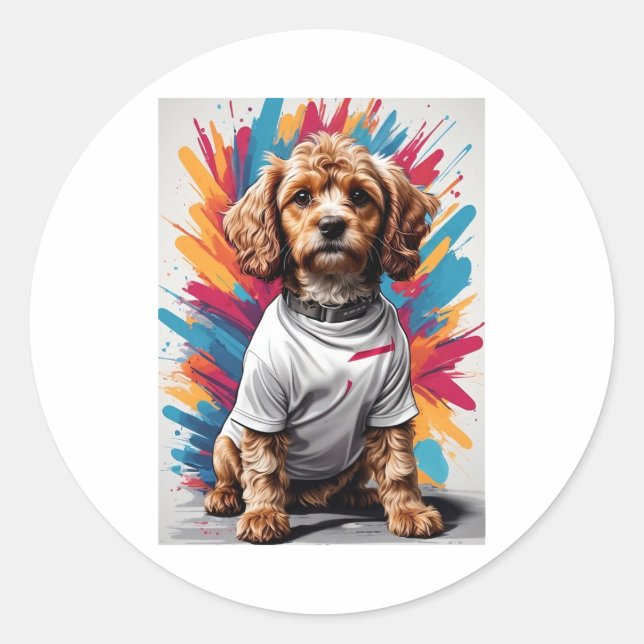 Cavapoo Dog T-shirt Long Classic Round Sticker (Front)