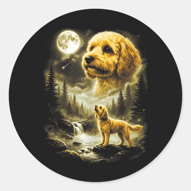Cavapoo Howling At Moon Retro 90s Doodle Dog Classic Round Sticker (Front)