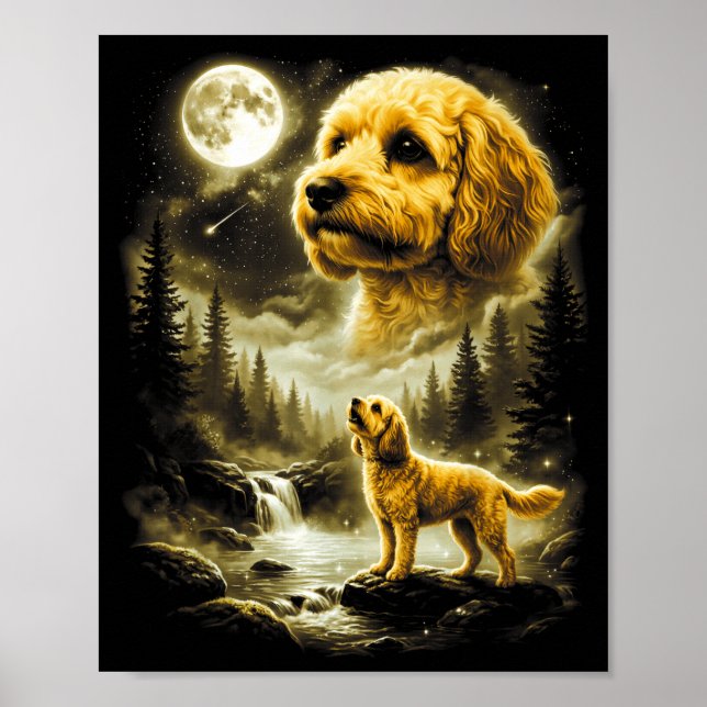 Cavapoo Howling At Moon Retro 90s Doodle Dog Poster (Front)