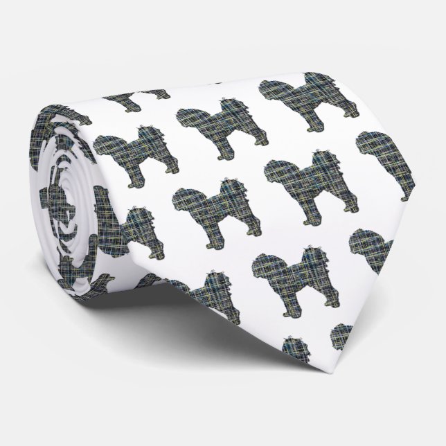 Cavapoo Silhouette Yellow & Black Grid White Tie (Rolled)