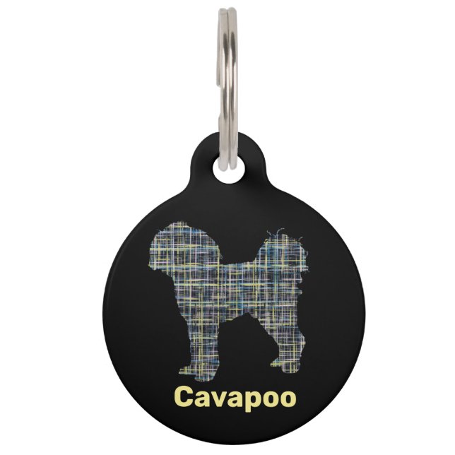 Cavapoo Yellow & Black Grid Line Pet Tag (Front)