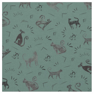 Cave Art Cats on Dark Gray Turquoise Fabric