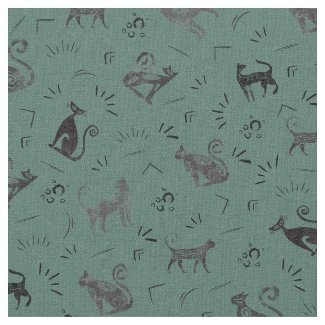 Cave Art Cats on Dark Gray Turquoise Fabric (Close Up)