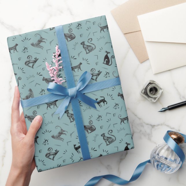 Cave Art Cats on Light Gray Cyan Wrapping Paper (Gifting)