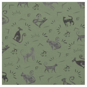 Cave Art Cats on Reseda Green Fabric