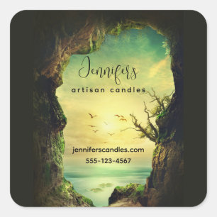 Cave overlooking a Tropical Sea Business Square Sticker