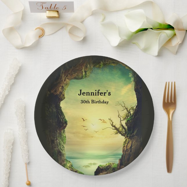 Cave overlooking a Tropical Sea Photo Birthday Paper Plate (Wedding)