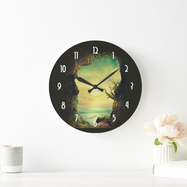 Cave overlooking a Tropical Sea Scenic Photo Large Clock (Home)