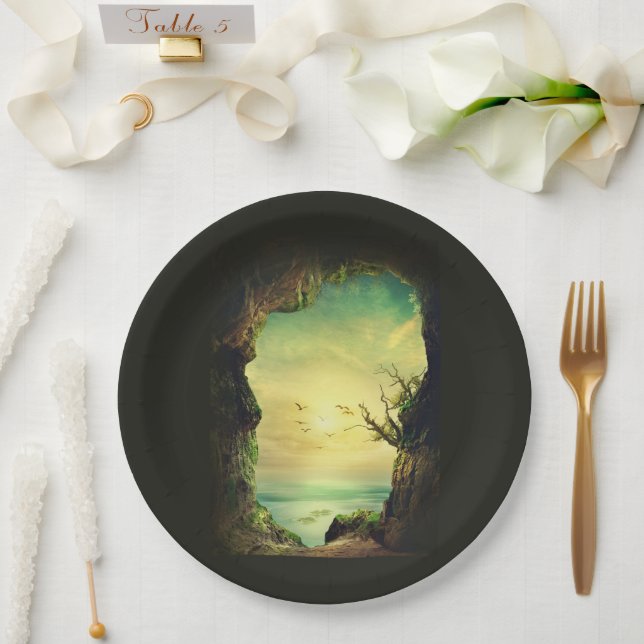 Cave overlooking a Tropical Sea Scenic Photo Paper Plate (Wedding)