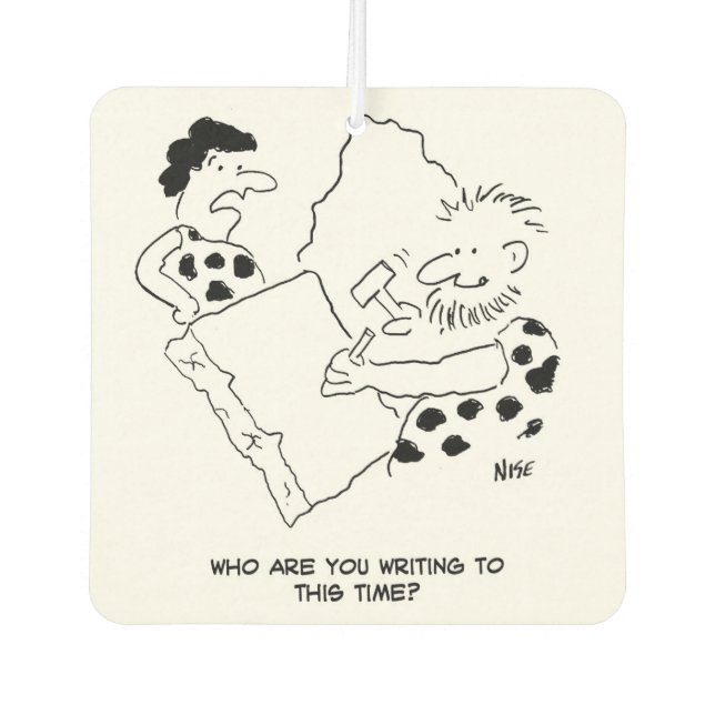 Caveman Writing a Letter Cartoon Car Air Freshener (Front)