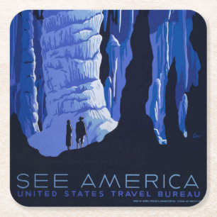 Caving Travel Cavern Vintage Travel Poster Square Paper Coaster