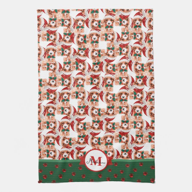 Cavoodle Pattern Monogram Christmas Dog Tea Towel (Vertical)
