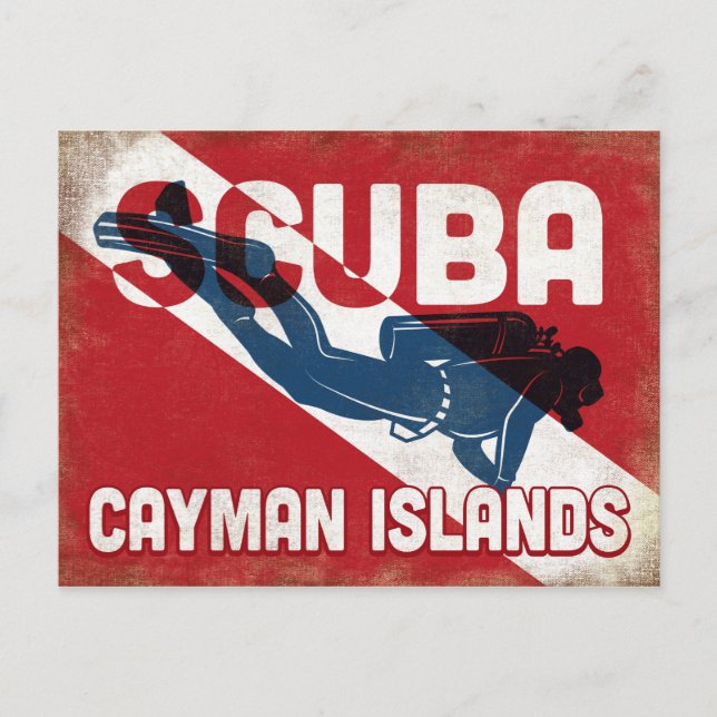 Cayman Islands Scuba Diver - Blue Retro Postcard (Front)