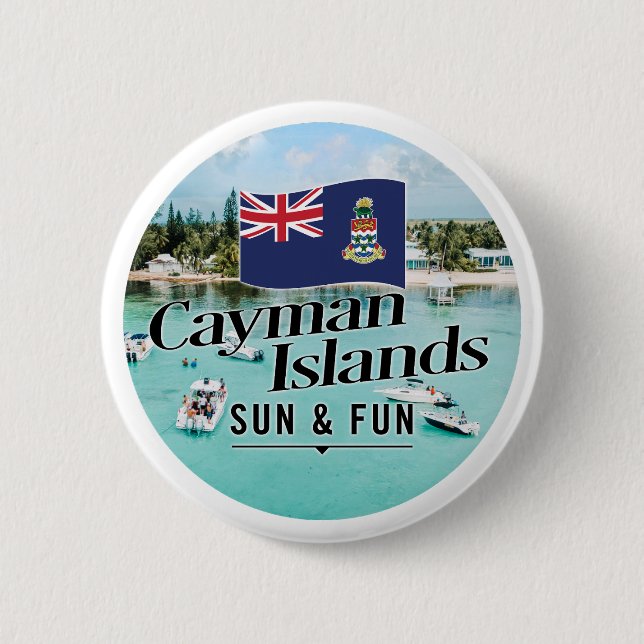 "Cayman Islands Sun & Fun" With Flag 6 Cm Round Badge (Front)