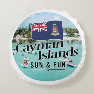 "Cayman Islands Sun & Fun" With Flag Round Cushion