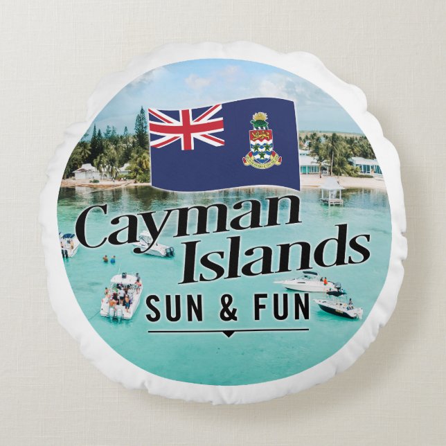 "Cayman Islands Sun & Fun" With Flag Round Cushion (Front)
