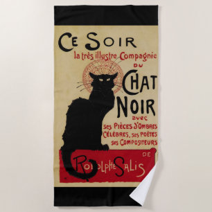 Ce Soir Chat Noir Black Cat, Vintage Art Nouveau Beach Towel