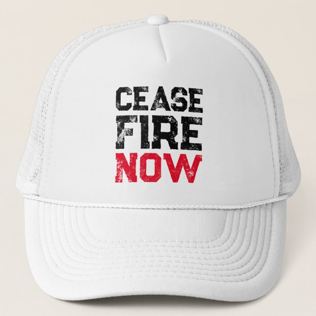 Cease Fire Now white red black distressed anti war Trucker Hat (Front)