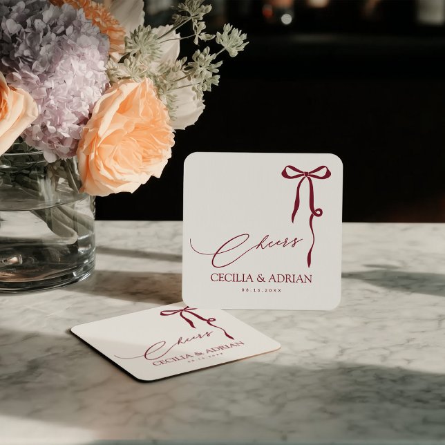 CECILIA Burgundy Bow Square Paper Coaster (Creator Uploaded)