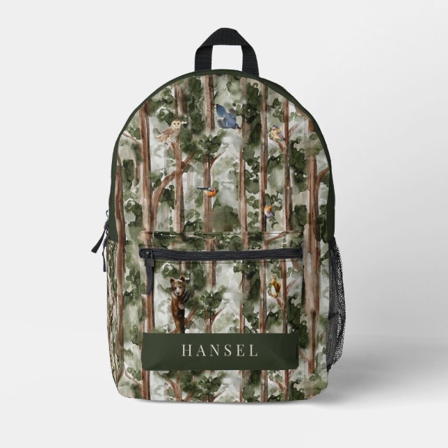 Cedar Forest Bear Squirrel Birds Printed Backpack (Front)