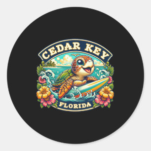 Cedar Key Florida Cute Sea Turtle Surfing Classic Round Sticker