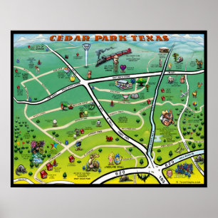 Cedar Park Texas Cartoon Map Poster