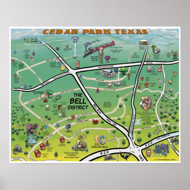 Cedar Park Texas Cartoon Map Poster (Front)