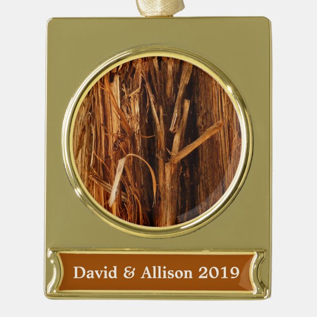 Cedar Textured Wooden Bark Look Gold Plated Banner Ornament (Front)