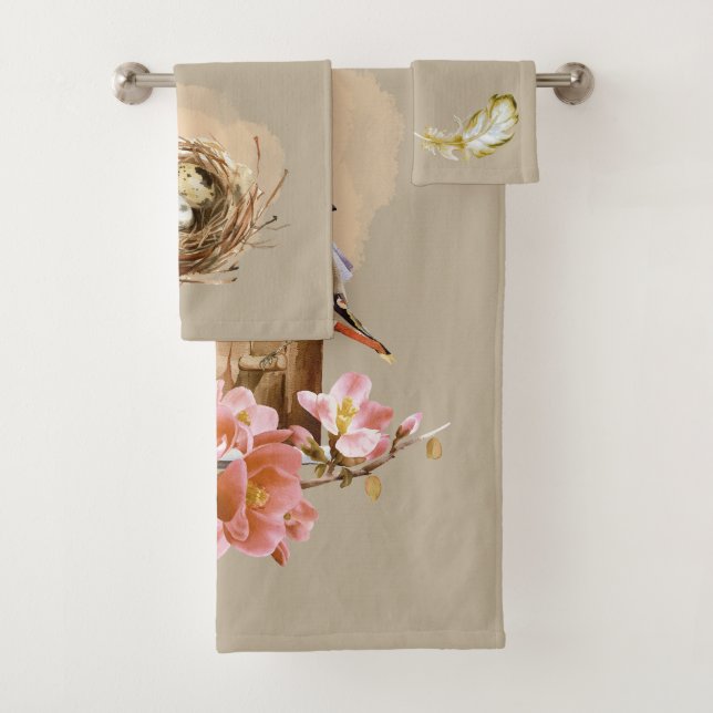 Cedar Wax Birdhouse Flowers Nest Feather Brown  Bath Towel Set (Insitu)