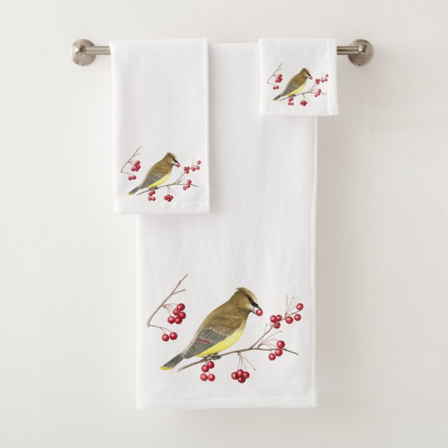 Cedar Waxwing Bird Art Bath Towel Set (Insitu)