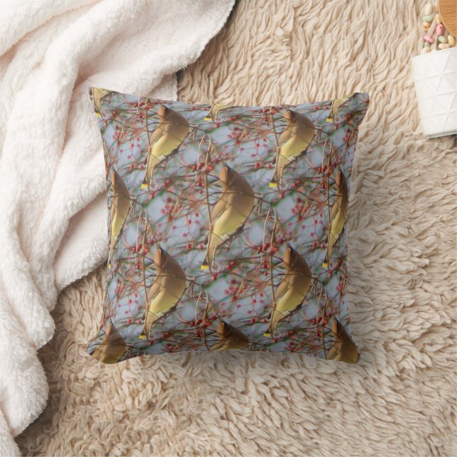 Cedar Waxwing Bird Nature Art Pattern Cushion (Blanket)