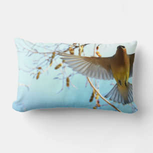 Cedar Waxwing in Flight/Pale Blue Sky Lumbar Cushion