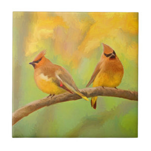 Cedar Waxwing Painting - Cute Original Dog Art Ceramic Tile