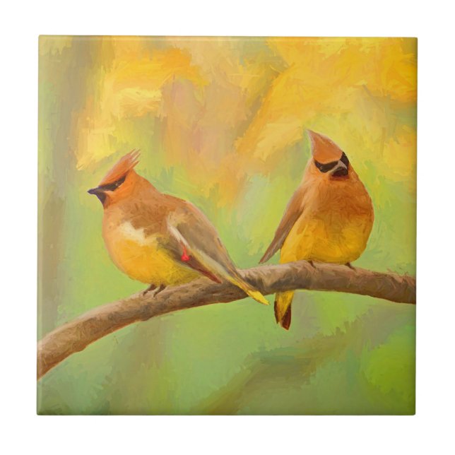 Cedar Waxwing Painting - Cute Original Dog Art Ceramic Tile (Front)