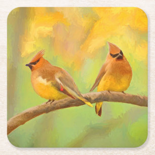 Cedar Waxwing Painting - Cute Original Dog Art Square Paper Coaster