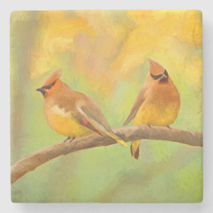 Cedar Waxwing Painting - Cute Original Dog Art Stone Coaster