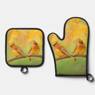 Cedar Waxwing Pair Painting Original Wild Bird Art Oven Mitt & Pot Holder Set