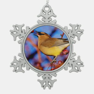 Cedar Waxwing Snowflake Pewter Christmas Ornament