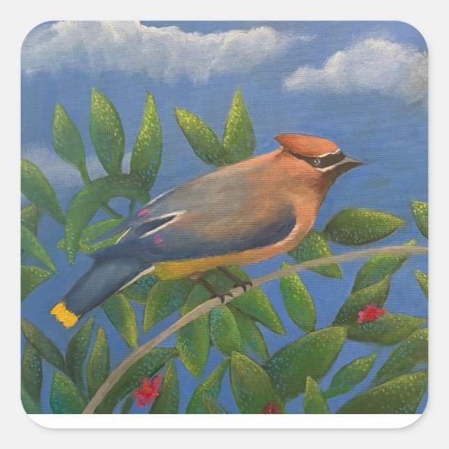 Cedar Waxwing Square Sticker (Front)