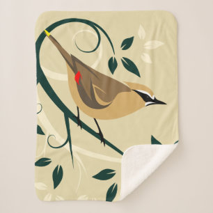 Cedar Waxwing Stylized Bird Art Design Sherpa Blanket