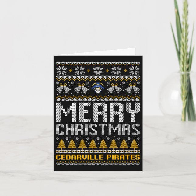Cedarville Pirates Logo Merry Christmas Ugly Sweat Card (Front)