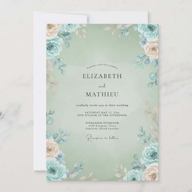 Celadon Aqua Petal Wedding Invitation (Front)