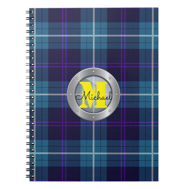 Celadon Blue Plaid Tartan Metallic Steel Monogram Notebook (Front)