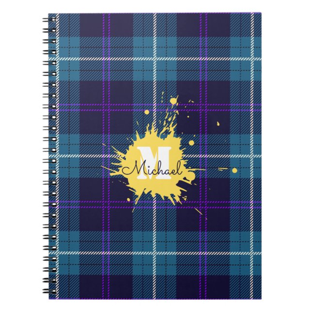 Celadon Blue Plaid Tartan Yellow Splash Monogram Notebook (Front)