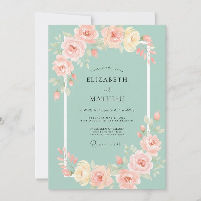 Celadon Coral Peony Wedding Invitation (Front)