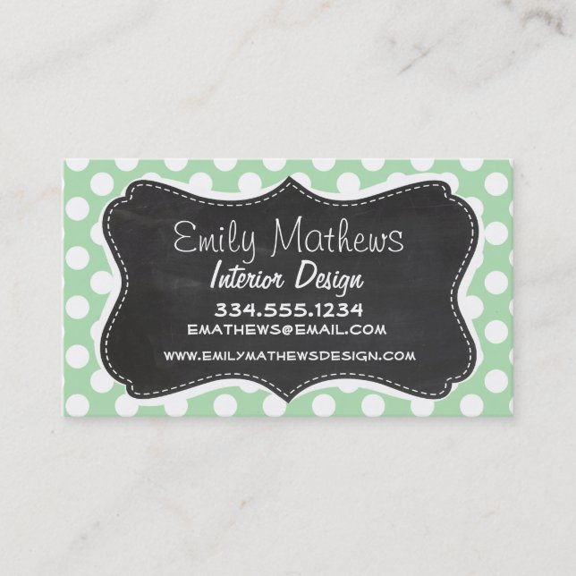 Celadon Green Polka Dots; Chalkboard look Business Card (Front)