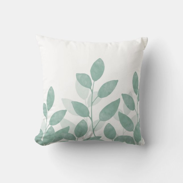 Celadon Green Watercolor Leaves Cushion (Front)