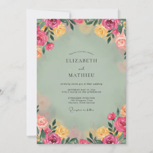 Celadon Magenta Peony Wedding Invitation